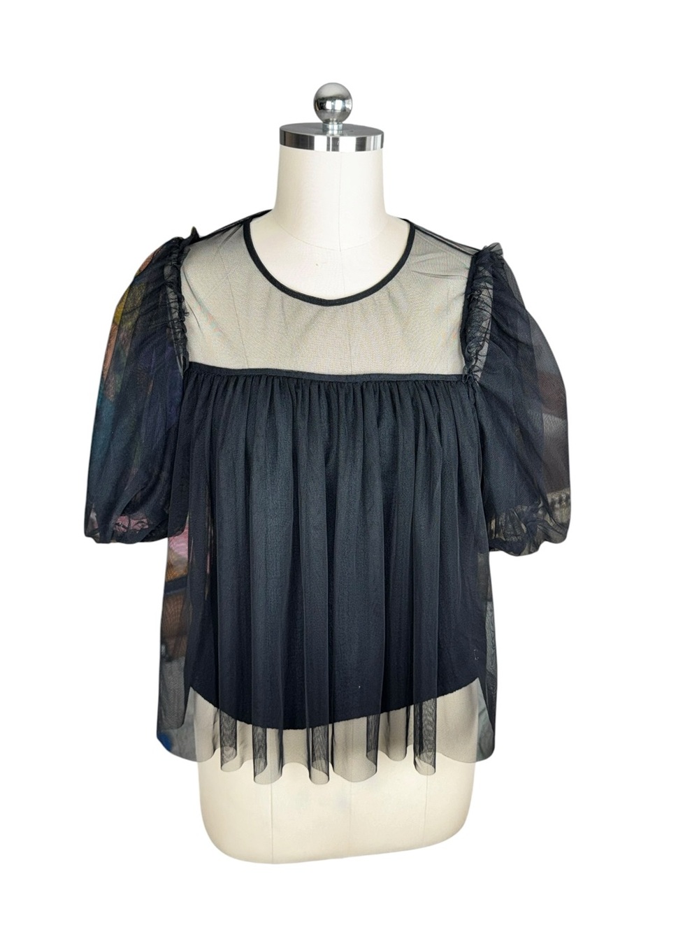 Kaktus Large Black Sheer Tulle Mesh Puff Sleeve Babydoll Top Blouse Empire Waist